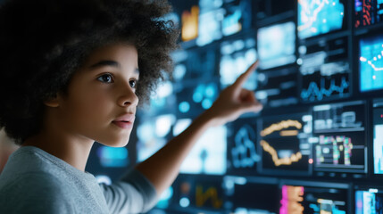 Young tech innovator engaged with futuristic digital interface technology concept