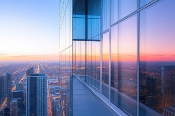 Cityscape view from a modern skyscraper at sunset.  The city lights twinkle below, reflected in the building's glass facade.
