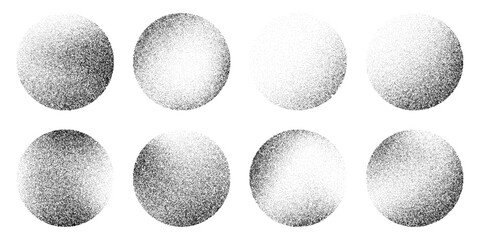 Grainy noise circles vector set. Dot grain texture circles. Spray texture sand and dissolving circles. Abstract black spheres with gradient stipple pattern.  Vector illustration