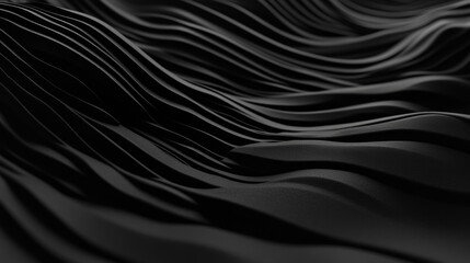 The rippling of black 3D undulating lines forms a dark abstract background in this 3D render, featuring available copy-space