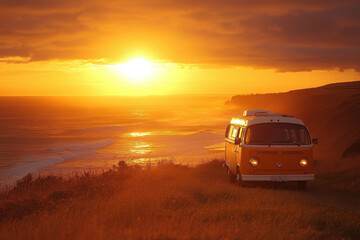 Fototapeta premium Van parked by ocean waves under a clear blue sky.