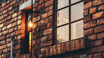 Fototapeta premium Cozy industrial style urban apartment loft window brick walls soft lighting warm color palette isolated white background