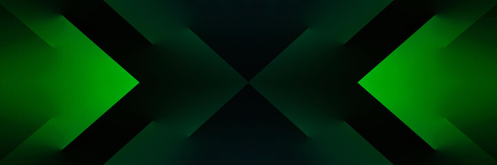 Black dark green abstract background. Geometric symmetry. Arrow line stripe angle 3d. Color gradient. Modern futuristic technology tech. Wide banner. Design.	