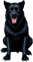 Fototapeta premium A highly detailed, realistic digital illustration of a black, furry dog, shot from a low-angle perspective. the dog is positioned in the middle of the image, facing the viewer and looking directly at 