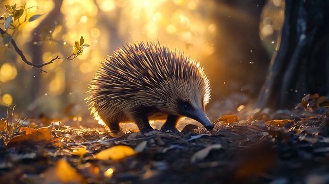 Bathed golden hour light short beaked echidna move through sun dappled forest spine catching last warm ray of evening interplay of light shadow enhances rich texture of quill creating inviting