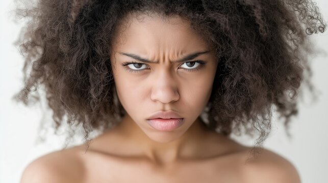 A young african american girl with curly hair displays a serious expression