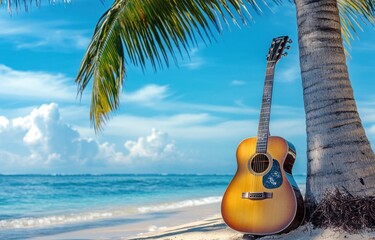 Acoustic guitar resting against a palm tree on a tropical beach.