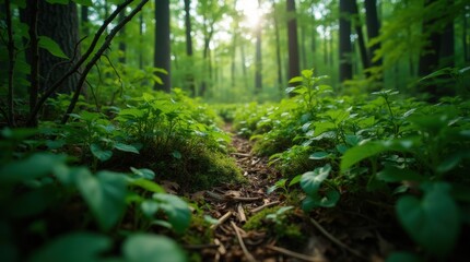 Invasive plants overtaking a forest area, dense growth with tangled vines and leaves, shady environment, wide-angle view.
