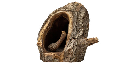 Piece of wood with hole containing small log on transparent background