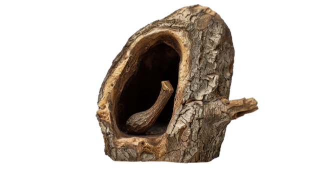 Piece of wood with hole containing small log on transparent background