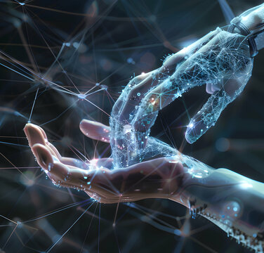 A blue 3D rendered illustration merges a human hand with a DNA fractal, embodying science and technology's power