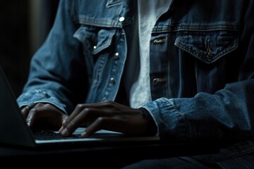 Close-up of hands typing on laptop, wearing denim jacket.