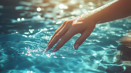 Hand touching clear water with sunlight creating ripples