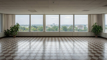 Fototapeta premium Empty Room with Panoramic Windows Overlooking Cityscape and Potted Plants with Patterned Flooring and Light from Sunlight