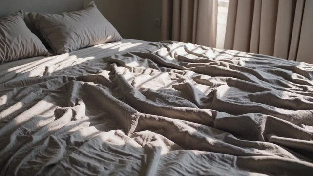 Soft morning sunlight filtering through window blinds, casting moody shadows across rumpled bedding with wrinkled white linens and scattered pillows