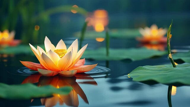 Close-up of single Loy Krathong floating on dark water with lily pads, lotus flowers and dreamy reflections