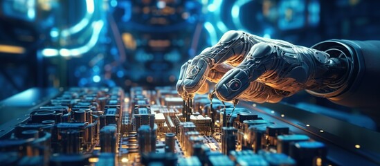 Robotic Hand Interacting with Circuit Board in Futuristic Environment