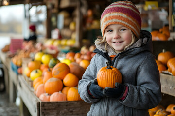 Fototapeta premium Child holding a small pumpkin at a rustic farm stand on an autumn day --ar 3:2 - Image #3 @fme39856