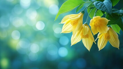 Yellow Flowers in a Teal Garden Background