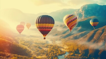 Obraz premium Colorful Hot Air Balloons Over Scenic Mountain Landscape at Sunrise
