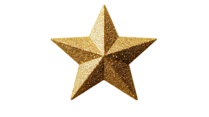 Golden shiny star with glitter on black background, cut out transparent