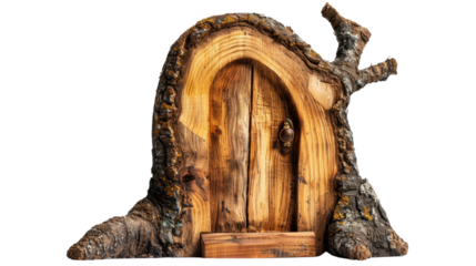Small wooden door on tree trunk inviting to magical world on transparent background