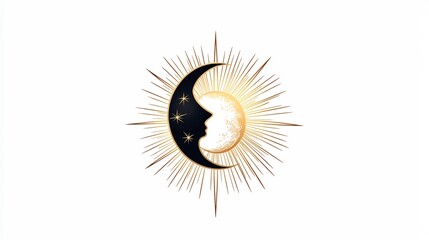 Celestial Crescent Moon and Sun Burst Design