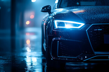 Close-up of modern car headlights with LED technology on a dark background, space for text on the right