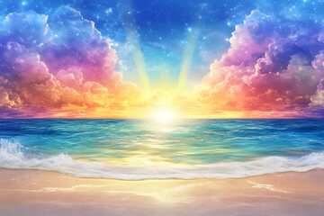 Fototapeta premium Colorful beach sunrise with a deep blue sky and radiant sun rays reflecting on the water --ar 3:2 - Image #3 @fme39856
