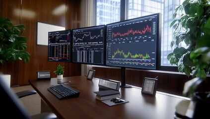 Naklejka premium Modern office, stock market data on screens, city view, financial trading