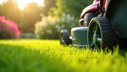 Close-up of lawn mower cutting vibrant green grass in sunlit garden. Blurred flowers trees in background. Lawn care, gardening equipment, landscaping, summer time backyard. Sunny spring morning.