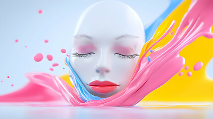 Abstract Surreal Head Immersed in Pink Yellow and Blue Paint Splash