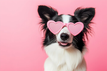 Fototapeta premium Cute Border Collie dog wearing pink heart-shaped glasses, a fun Valentinea??s concept
