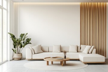 Modern minimalist beige sectional sofa in a bright living room with wooden accents