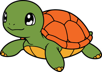 Cute Cartoon Turtle Character with Orange Shell and Green Body Smiling Joyfully