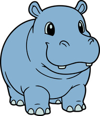 Playful Cartoon Hippo Character Smiling Cheerfully in a Bright Blue Color Palette