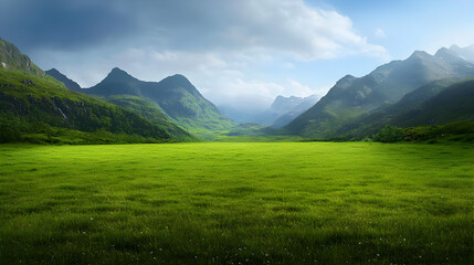 Fototapeta premium Expansive Green Meadow Valley With Lush Mountain Range