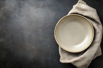 Empty beige bowl paired with a linen napkin on a dark textured background, top-down view