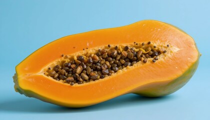Papaya fruit cut in half on blue background