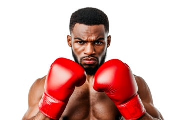 Confident boxer ready to fight with red gloves, cut out transparent
