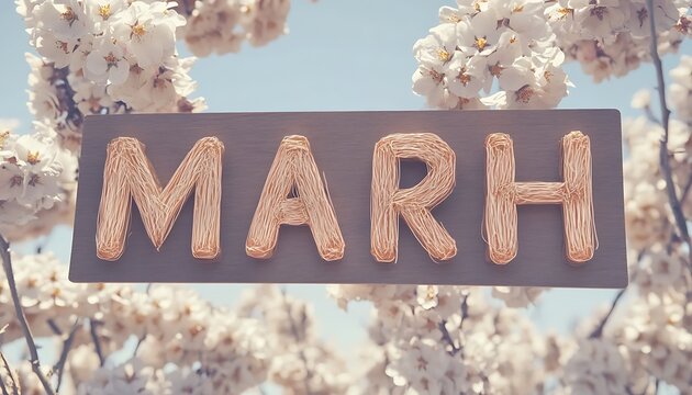 Wooden sign with the word MARH, with flowers background