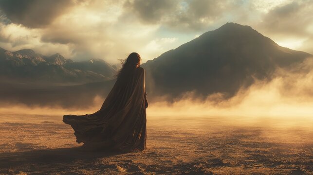 A woman stands alone in a desert landscape, evoking a sense of cinematic art with minimalistic tones, set against a backdrop of a dry, barren land, reminiscent of a sci-fi future apocalypse theme