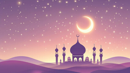 Silhouette of a mosque under a crescent moon and starry sky in a purple and pink color gradient