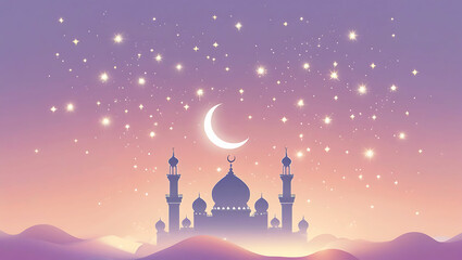 Silhouette of a mosque under a crescent moon and stars on a gradient purple and pink background