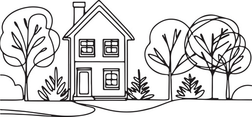 Scenic Little House with Trees &ndash; Simple Outline Drawing
