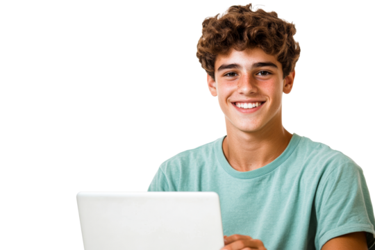 Smiling teenage boy using laptop, technology, youth, portrait, cut out transparent