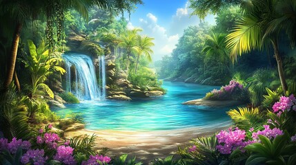 Lush Tropical Waterfall Oasis, Game Background