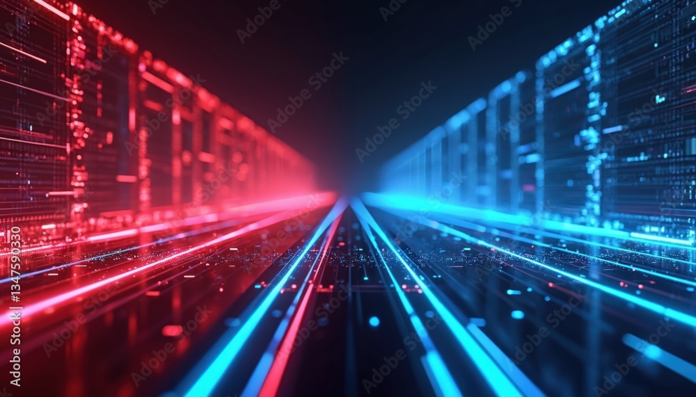 Poster abstract tech background with two paths, red and blue color scheme. paths run parallel, digital netw