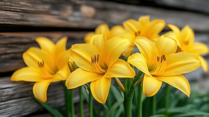 Obraz premium Yellow Lilies against Wooden Wall