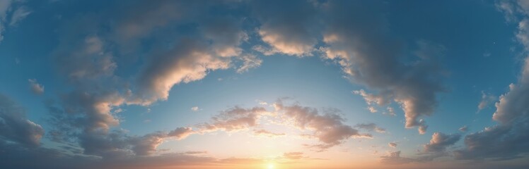 Obraz premium Beautiful panorama of sunset sky with Cirrus clouds. Spherical equirectangular format for 3D visualization. Evening dusk with bright sunlight, heaven aerial drone view. Blue sky three-dimensional.
